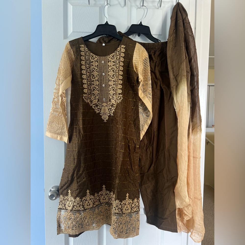 South Asian | Brown and Cream Embroidered Kurta Set | Women: S